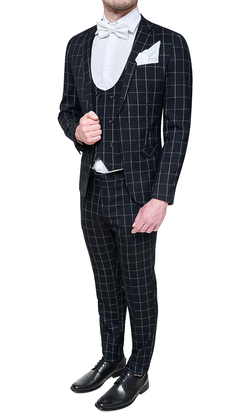ABITO SARTORIALE COMPLETO UOMO GIACCA PANTALONI CON GILET NERO QUADRI  CERIMONIA